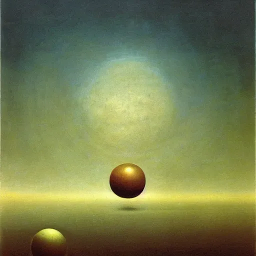 Prompt: multiple spheres floating above the horizon, spread out across the horizon, zdzislaw beksinski