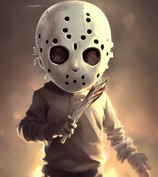 Image similar to cute little boy anime character inspired by jason voorhees, art by rossdraws, wlop, ilya kuvshinov, artgem lau, sakimichan and makoto shinkai, horror cinematic composition, anatomically correct, extremely coherent, realistic, mask, smooth, hd, black hair