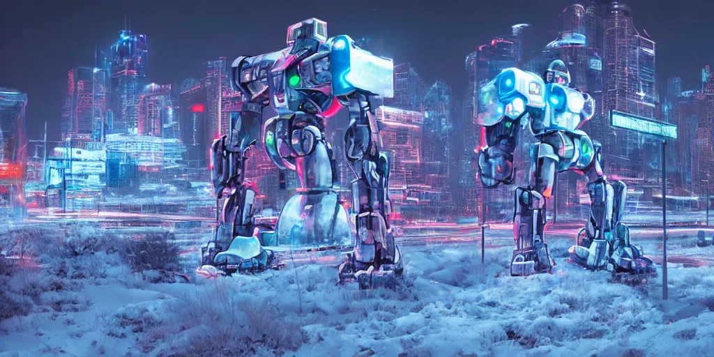 Prompt: a giant robot, megastructure, in a snowy land, photorealistic, neon light