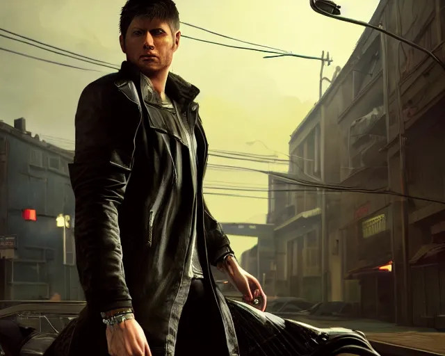 Image similar to highly detailed portrait of jensen ackles as dante from devil may cry 5, in gta v, stephen bliss, unreal engine, fantasy art by greg rutkowski, loish, rhads, ferdinand knab, makoto shinkai and lois van baarle, ilya kuvshinov, rossdraws, tom bagshaw, global illumination, radiant light, detailed and intricate environment