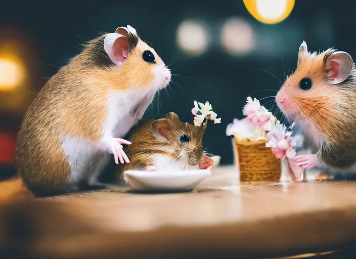 Image similar to photo of a hamsters on a date, kissing, at night, romantic, faded colors, candlelit restaurant table, cinematic color grading, various poses, soft light, centered, sharp focus, 8 k