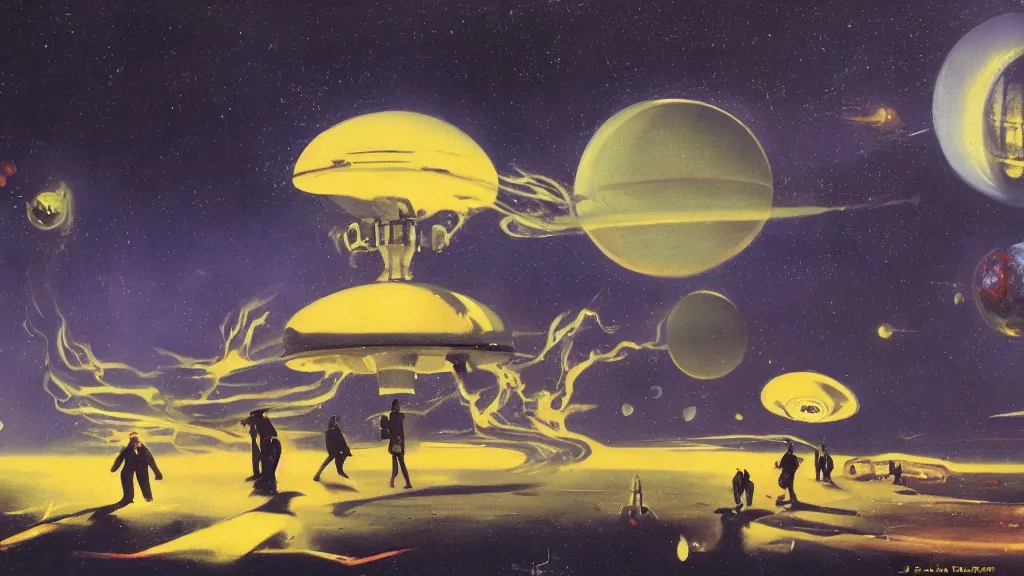 Image similar to flying saucer design by paul lehr and jack gaughan and john schoenherr, cinematic matte painting