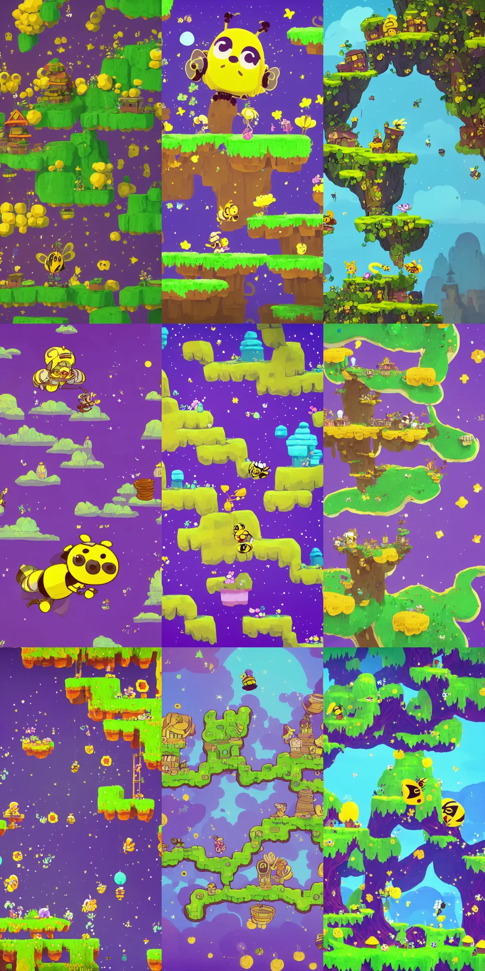Prompt: a platform game about a cartoon cute bee that jumps on flying islands and collects coins against the backdrop of a starry sky, polish hypercasual, stylized 2 d, playrix games, township, wildscapes, the predominance of purple yellow and green colour scheme, 8 k, game screen, close up