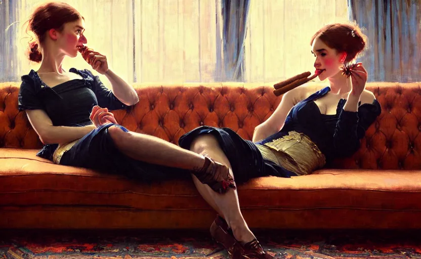 Prompt: portrait of several girls smoking cigars, sitting on a couch, highkey, realistic, serov, surikov, vasnetsov, repin, kramskoi, ultra realistic, depth of field insanely detailed, charlie bowater, tom bagshaw, norman rockwell, octane rendered, unreal engine, trending on artstation, 4 k