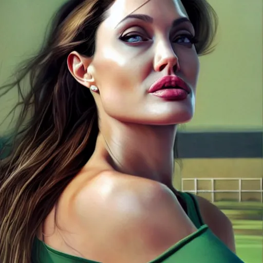 Image similar to angelina jolie playing tennis in the style of stefan kostic, realistic, full body, sharp focus, 8 k high definition, insanely detailed, intricate, elegant, art by stanley lau and artgerm