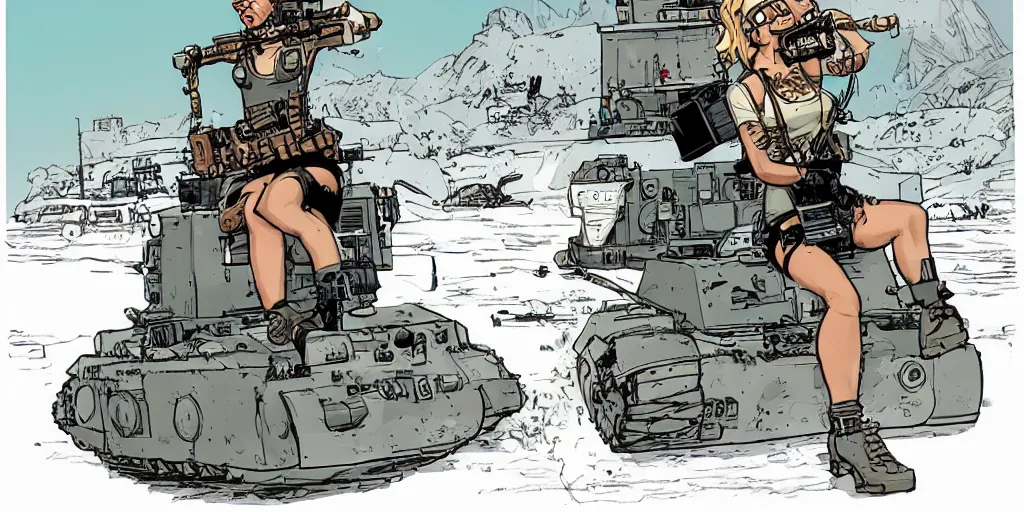 Image similar to tank girl sitting on top of the tank, holding a granite luncher. smiling. laurie greasley,