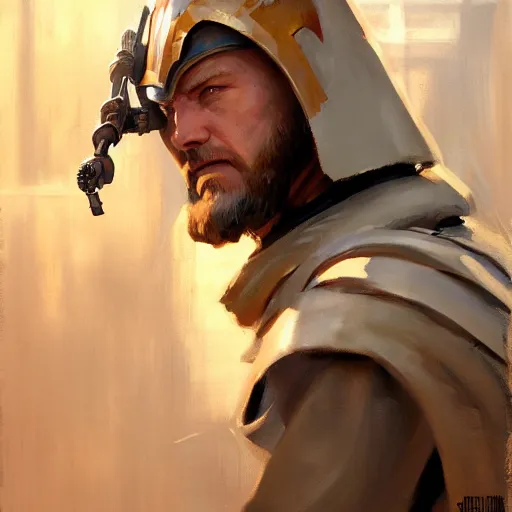 Image similar to greg manchess portrait painting of armored obi wan kenobi as overwatch character, medium shot, asymmetrical, profile picture, organic painting, sunny day, matte painting, bold shapes, hard edges, street art, trending on artstation, by huang guangjian and gil elvgren and sachin teng