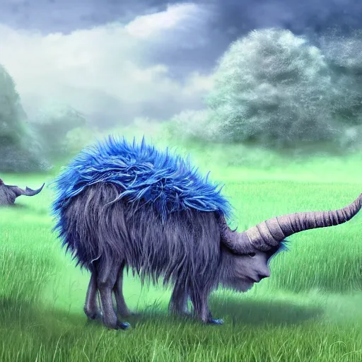 Prompt: an illustration of a giant blue six - legged beast, a pair of horns, fluffy fur, walking across a peaceful fantasy meadow, digital art concept art