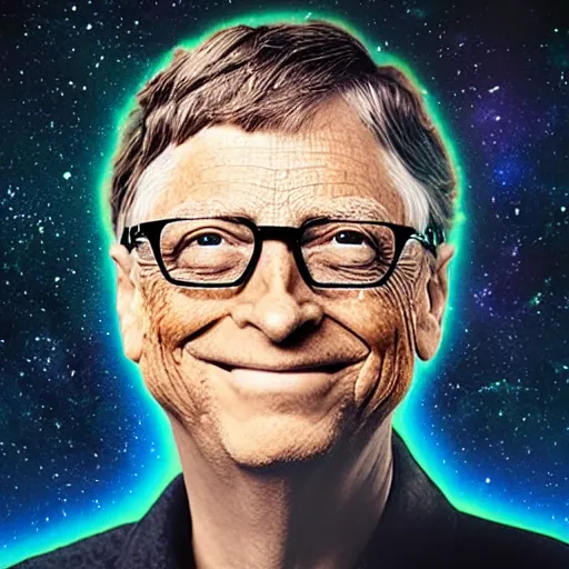 Image similar to album cover featuring bill gates in an outer space void