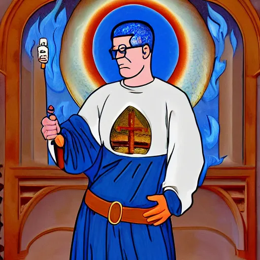 Image similar to hank hill as the saint of propane, white tshirt, blue jeans, surrounded by blue fire, surrounded by blue flames, renaissance religious painting, late gothic religious paintings, byzantine religious art, trending on artstation