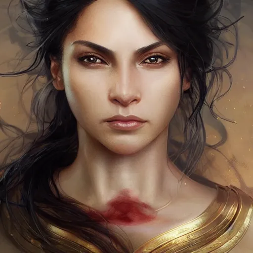 Image similar to beautiful, very strong, mixed race, female, aged 4 0, face, no makeup, head shot, fantasy, highly detailed, digital painting, artstation, concept art, sharp focus, illustration, art by artgerm and greg rutkowski and alphonse mucha