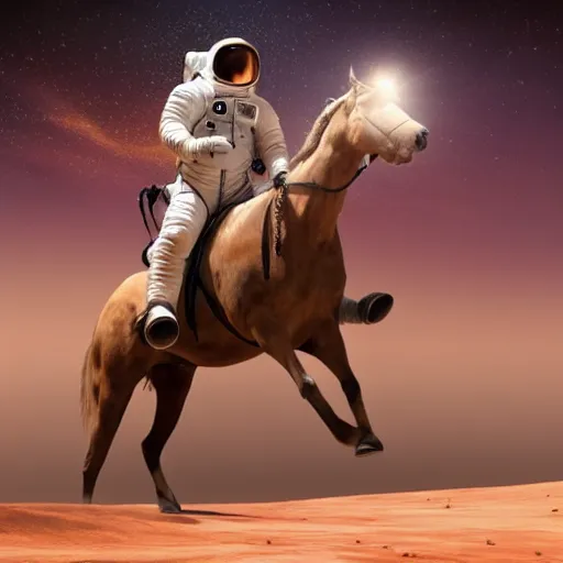 Image similar to A astronaut riding a horse on Mars, photorealistic, 4K