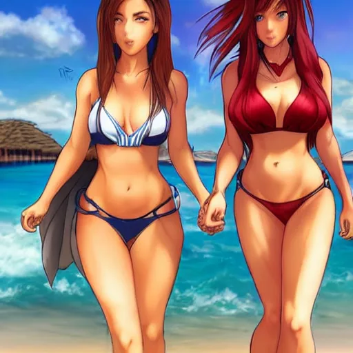 Prompt: beautiful aerith and tifa and jessie from final fantasy in a bikini on the beach making eye contact drawn by artgerm