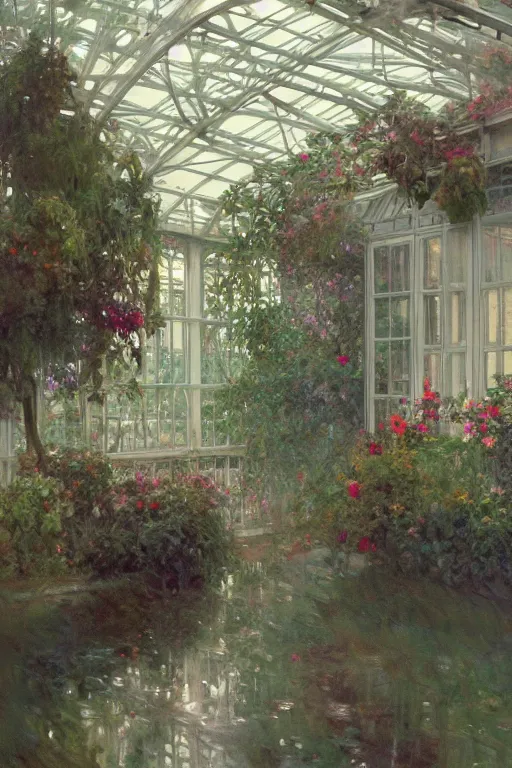 Image similar to a beautiful painting of a greenhouse, rainy, gloomy, dark, shimmering and prismatic, rococo, by krenz cushart and mucha and monet, trending on artstation.