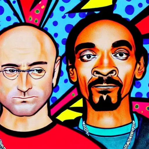 Prompt: 90s style pop art of Phil Collins and Snoop Dogg standing next to each other in the background of never gonna give you up song