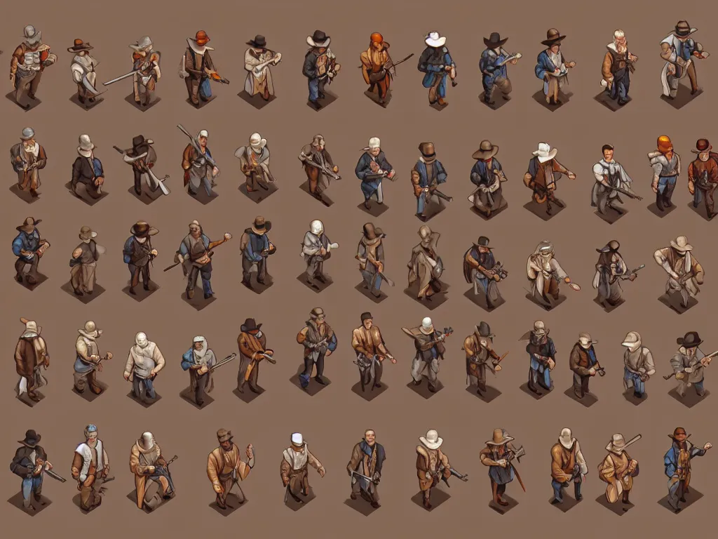 Prompt: isometric sprite sheet of detailed western npc! holding gun, smooth, 8 k, gouache, kitbash, centered, by artgerm, solid background