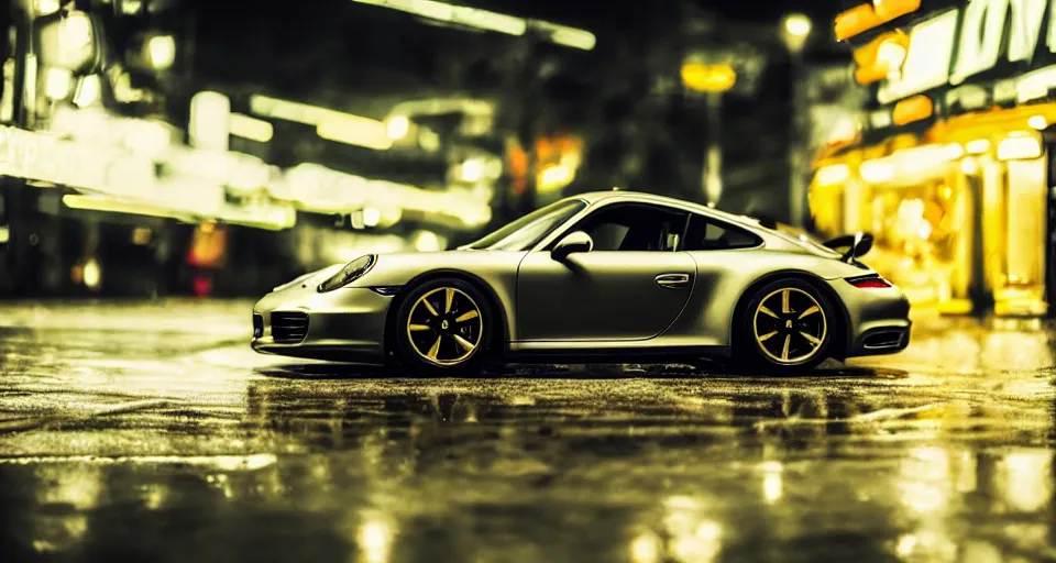 Image similar to close up macro shot of a porsche 9 1 1 car on wet city street at night, intricate, hyper detailed, smooth, high contrast, neon, volumetric lighting, octane, moebius, greg rutkowski, blade runner, ripley scott, cindmatic