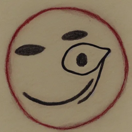 Image similar to primitive drawing of smiling circle face with red eyes thumb up. Сhild drawing picture