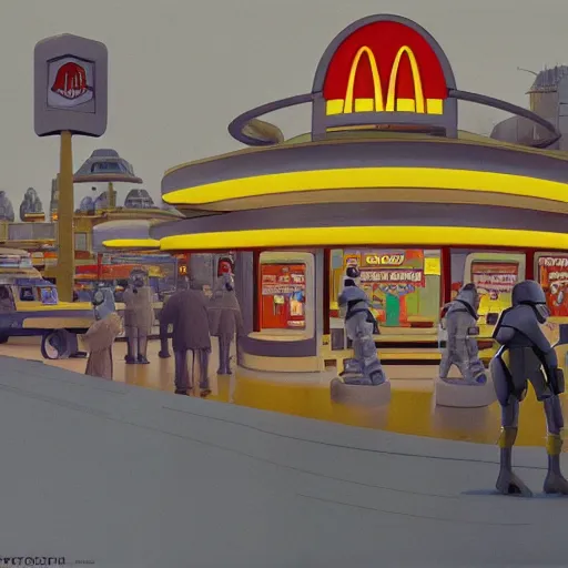 Image similar to intricately detailed ralph mcquarrie concept art of a futuristic mcdonalds with the golden arches displayed. a space station is seen off in the distance with various droids and people walking in the foreground. a trooper is seen holding a brown mcdonalds bag.