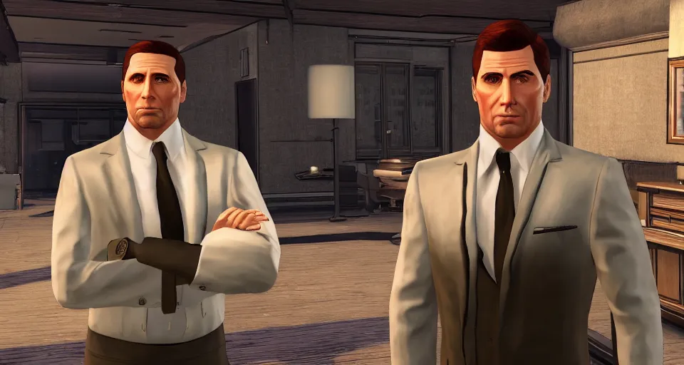 Image similar to Screenshot of Sterling Archer from the show Archer as a 3d NPC in the videogame 'Hitman 3' (2021). Scene is a wealthy event in a decadent environment. Sharpened. 1080p. High-res. Ultra graphical settings.