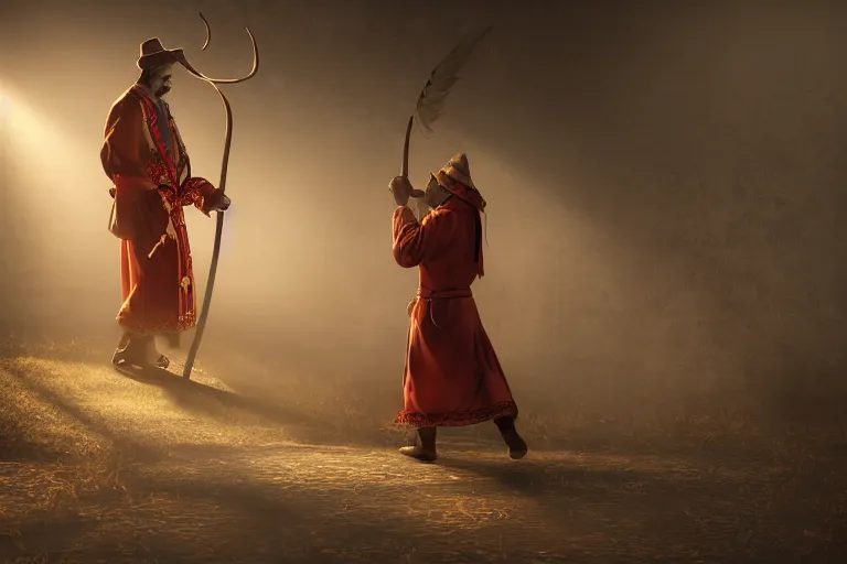 Image similar to theatre stage, romanian man in traditional romanian clothing with scythe, people, traditional romanian clothing, concept art, dramatic lighting, beautiful, volumetric lighting, colorful, octane render