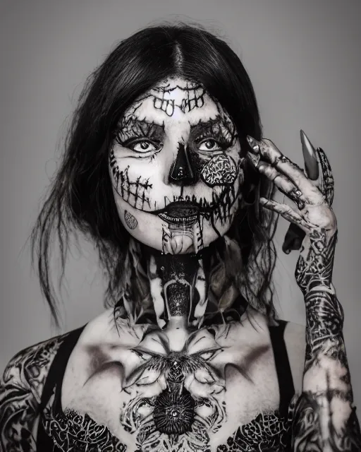 Image similar to photorealistic head and shoulders photo of beautiful female ornate fantasy Witch goddess, confident, minimal black skull warpaint, tattoos, Neil Blevins, James Paick, Natasha Tan Maciej Kuciara, Frank frazetta, arney freytag, Ritu Kumar, Sabyasachi Mukherjee, Magic the gathering,octane, bokeh, 8k, fashion pose, cinematic, 28mm