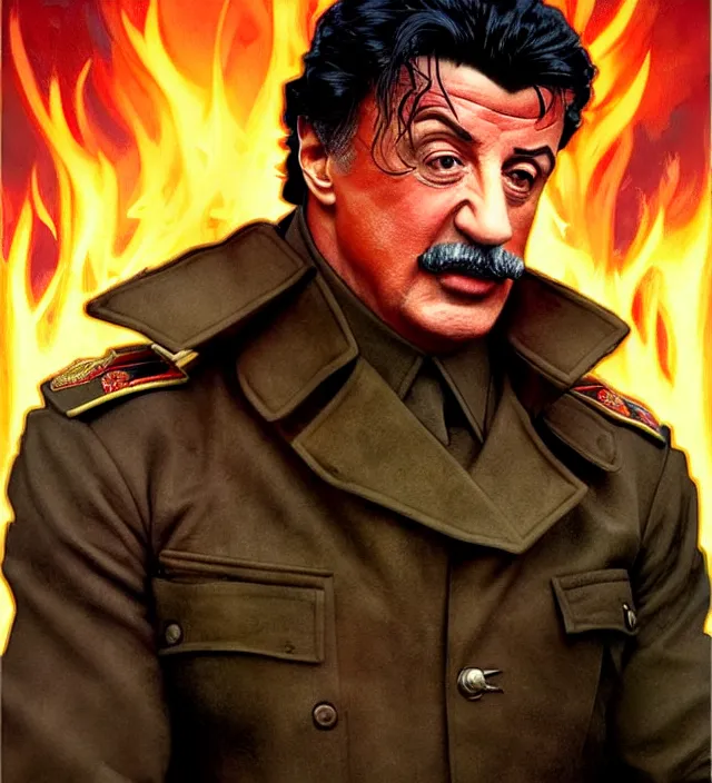 Image similar to sylvester stallone as stalin on fire,, cinematic, by greg rutowski, by greg rutkowski, by stanley artgerm, by alphonse mucha