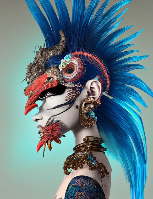 Image similar to 3 d goddess close - up profile portrait punk with mohawk with ram skull. beautiful intricately detailed japanese crow kitsune mask and clasical japanese kimono. betta fish, jellyfish phoenix, bio luminescent, plasma, ice, water, wind, creature, artwork by tooth wu and wlop and beeple and greg rutkowski