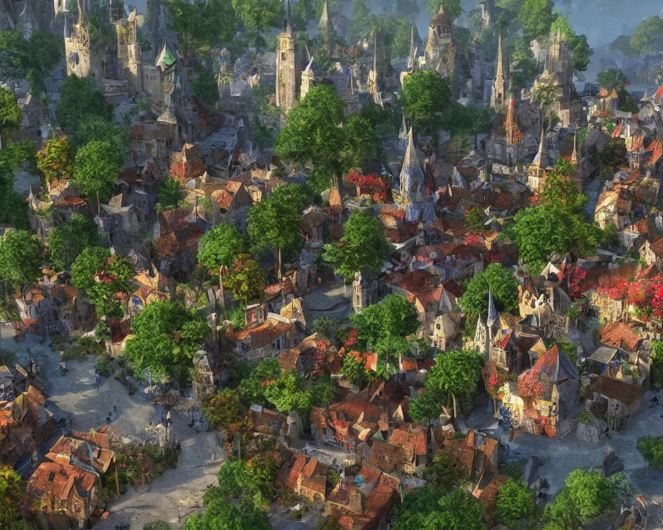 Image similar to colorful medieval city of the fae, built into trees and stone, fanciful, magical, unreal engine