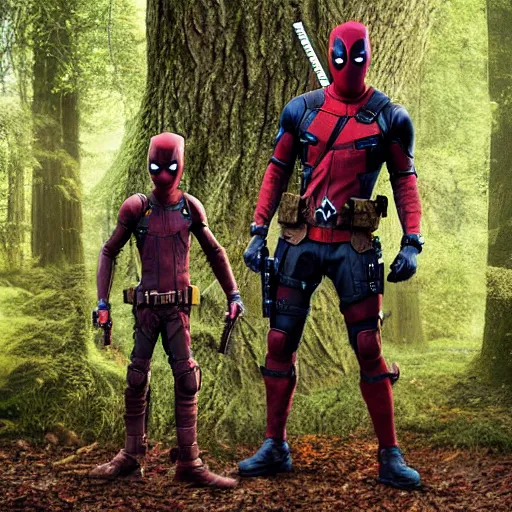 Image similar to deadpool and groot in the woods playing digital art 4 k detailed