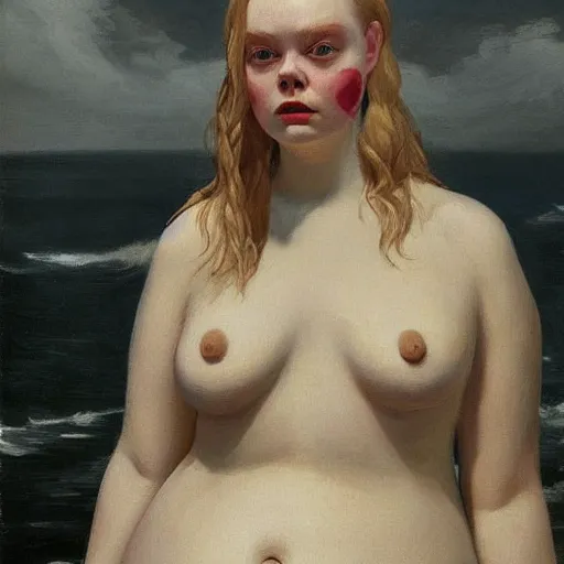 Image similar to obese and ugly Elle Fanning in a black robe holding a skull on the beach, head and shoulders portrait, stormy weather, extremely detailed masterpiece, Roger Deakin’s cinematography, oil on canvas, Edward Hopper,