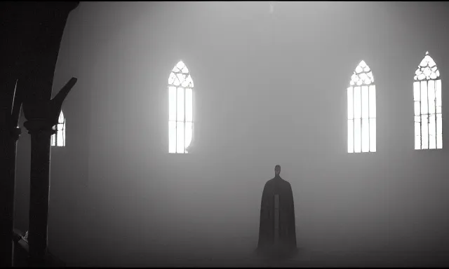 Image similar to a cultist ceremony, cultists with robes and masks, church interior, satanic church interior, the fog. horror lighting, found footage