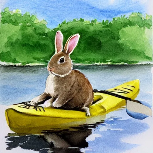 Prompt: a rabbit paddling a kayak on a small stream, watercolour realism