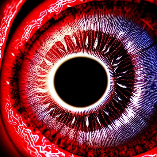 Image similar to a detailed extremely close up of inside the iris, cornea, red image, microscopic, extremely close up drawing by junji ito, cgsociety, generative art, lovecraftian, parallax, cosmic horror, extremely detailed, hyperrealism, unreal engine, octane render, award winning, masterpiece, highly detailed, realistic, 4 k, digital