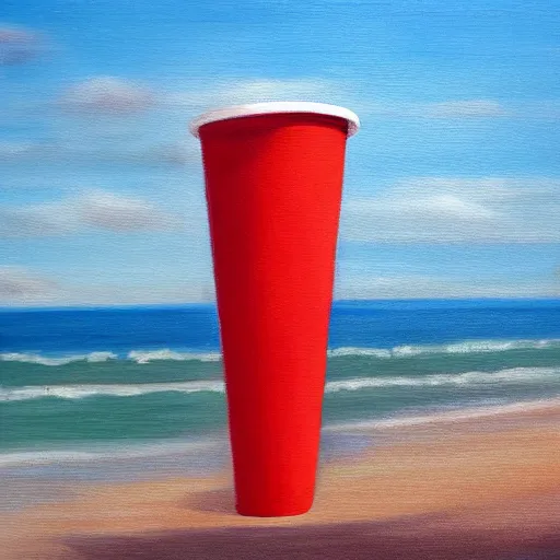 Image similar to an oil painting of a giant white styrofoam cup on the beach, the cup has red water unside of it, surrealism