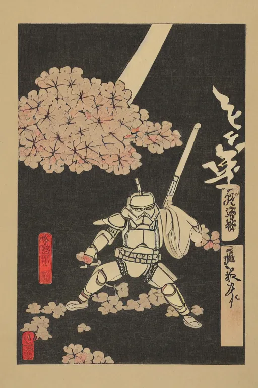 Prompt: Japanese woodblock print of a Stormtrooper , cherry blossom, Hokusai