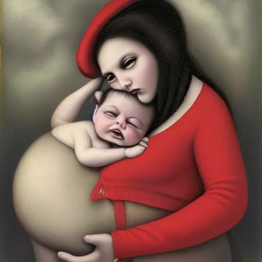 Image similar to there's an infant clinging to his overweight mother in the cold as they go to shop for cigarettes, lowbrow painting by mark ryden