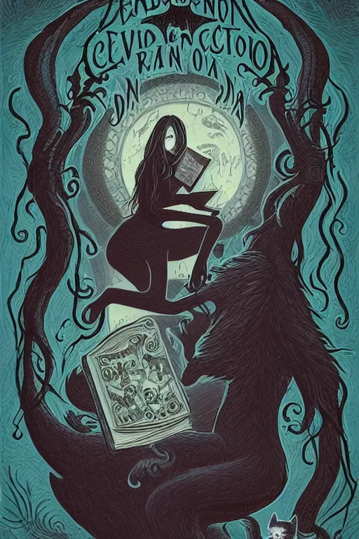 Image similar to biden illustration of romantic girl, her cat and her book of necronomicon, symmetrical, cinematic, sharp focus, 4 k, ultra hd, sense of awe, sinister demonic atmosphere, dreadful, forbidden knowledge, old gods, cthulhu, yog - sothoth! yah, yah, yah! cultist journal cover