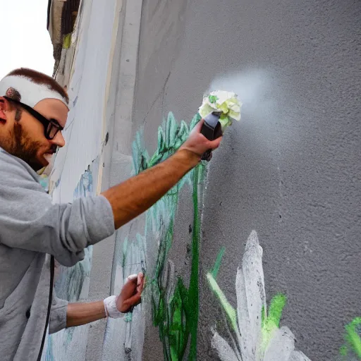 Image similar to guy with white hoodie spray painting flowers in a wall in genova