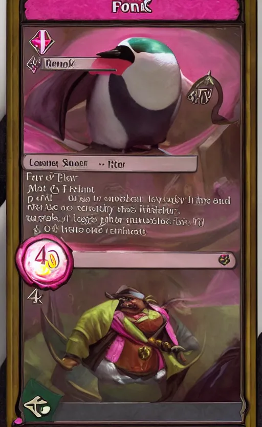 Image similar to mtg card trading, fantasy mtg card of Fat penguin with pink shocks, screenshot,4K HD