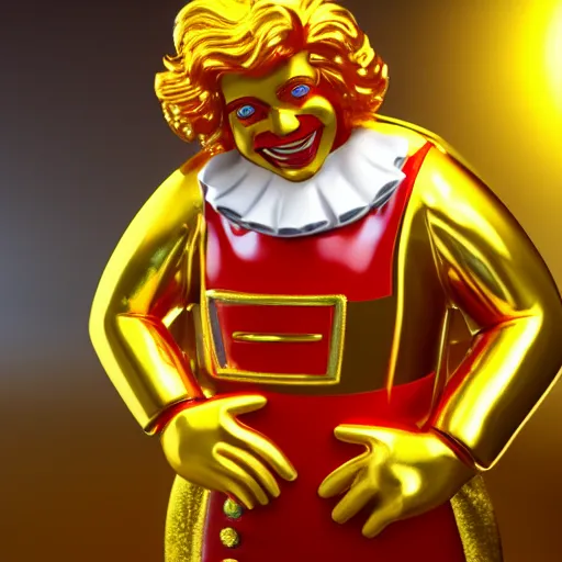 Prompt: A still of Ronald McDonald surrounded by gold and diamonds, Award-winning, photograph, 3d render, unreal engine, 4k detailed