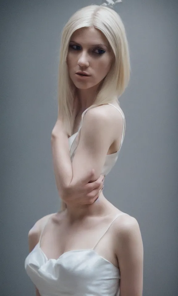 Image similar to photo of gorgeous seductive tall emily skinner cosplaying annie leonhart wearing elegant white dress, wearing open toe heels, in a white room, beautiful face, pale skin, rule of thirds, cinematic lighting, rainy weather, melancholy atmosphere, sharp focus, backlit, stunning, smooth, hard focus, full body shot, studio photo, shot on sony a 7 iii, hyper realistic,