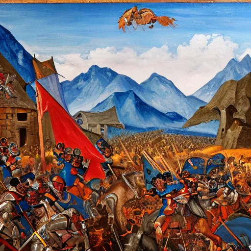 Image similar to wideshot of a medieval battle in front of a beautiful blue mountainscape, painting