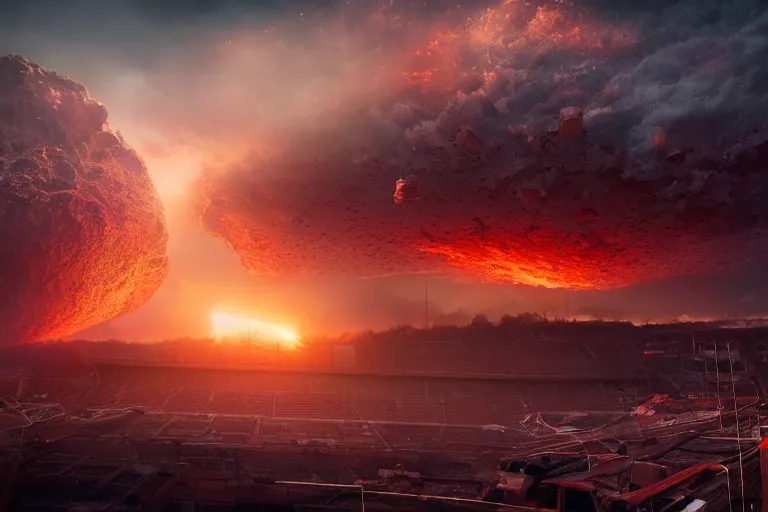 Image similar to meteorites fall from the red sky upon a crumbling football stadium, crowds panic, cinematic lighting by Jessica Rossier, stunning volumetric lighting, photorealistic, hyper detailed, unreal engine 5, IMAX quality, cinematic, epic lighting