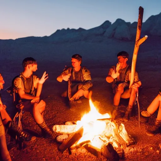 Prompt: a group of ancient roman soldiers sitting around a campfire in the desert at night, 8k, cinematic, dslr,