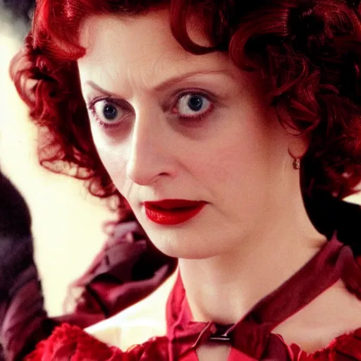 Image similar to High definition photo of young Susan Sarandon as a vampire queen wearing red silk