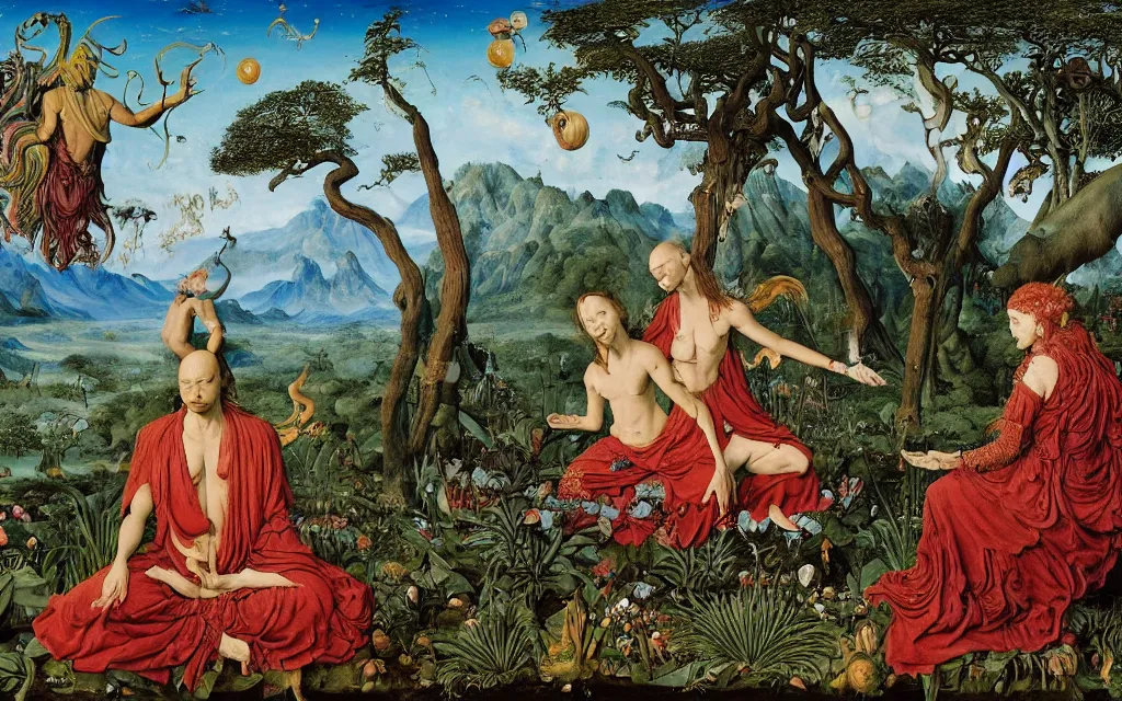 Image similar to a photograph of a meditating harpy and a centaur king riding dragons and hugging tropical animals at a river delta. surrounded by bulbous flowers, animals and trees. mountains range under a blue sky of burning stars. painted by jan van eyck, max ernst, ernst haeckel and ernst fuchs, cgsociety, artstation, fashion editorial, 8 k