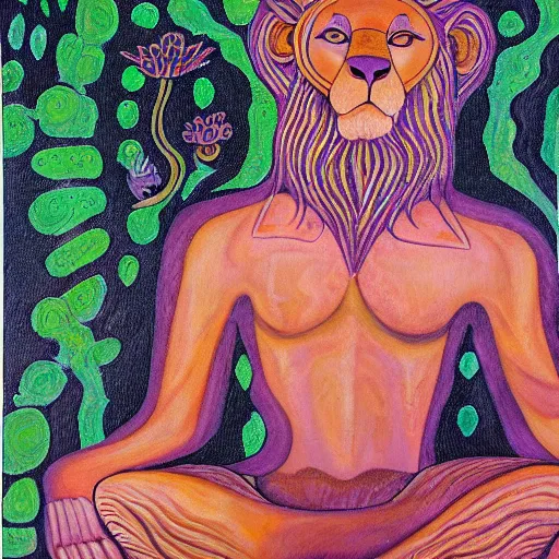 Image similar to an anthromorphic lion man meditating in an african zen garden, by amanda clark in a psychedelic style, oil on canvas