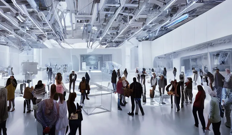 Image similar to crowd of people in simple white museum, looking at hologram of dense futuristic city on a table, cinematic concept art, godrays, golden hour, natural sunlight, 4 k, clear details, tabletop model buildings, center model buildings, hologram center, crane shot, crane shot, crane shot, white walls