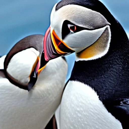 Image similar to puffin cuddling penguin